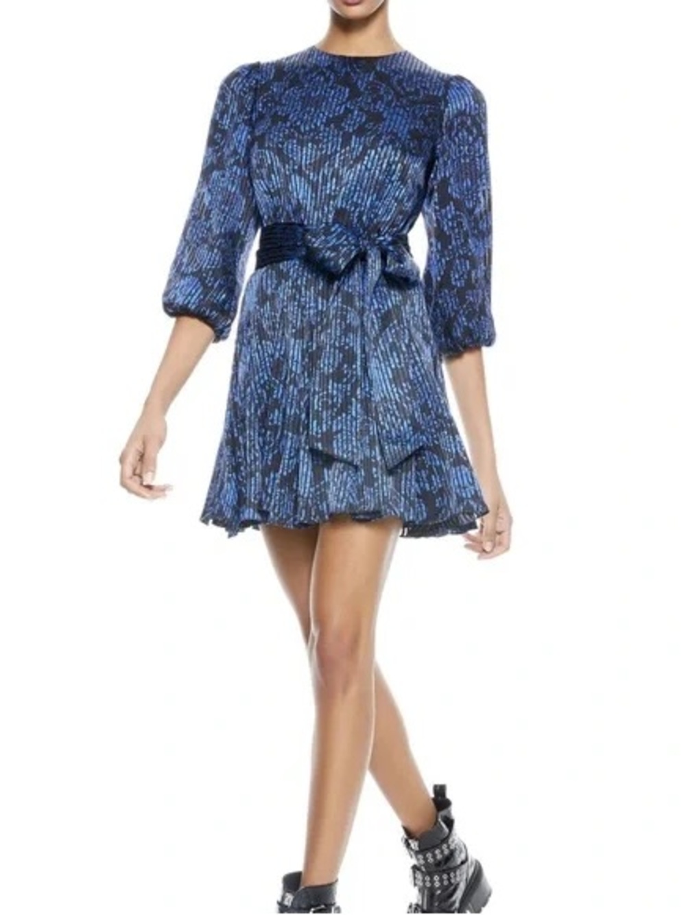 Alice + Olivia Mina Blue and Black, Puff-Sleeve Belted Dress winter palace print